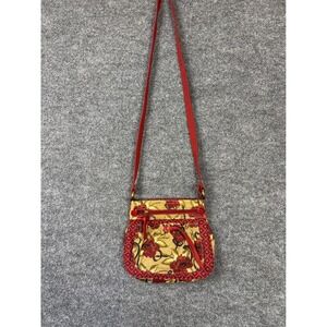 Fossil Floral Crossbody Bag Red Tan Leather Trim Canvas Small Messenger
